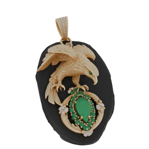 3D model of a gold eagle pendant with a large green emerald and diamond accents, perched on a dark oval base.