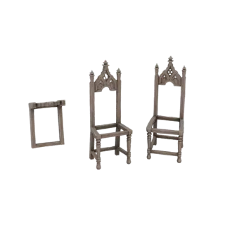 Ein 3D-Rendering von zwei verzierten gotischen Thronstühlen und einem dekorativen rechteckigen Rahmen, alle mit einer verwitt