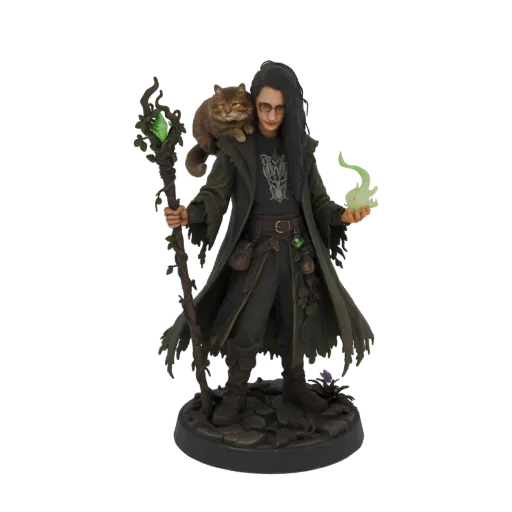 Modèle 3D d'un sorcier dark fantasy avec un chat sur l'épaule, tenant un bâton lumineux et de l'énergie magique.