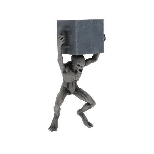 3D model of a grey alien creature with large eyes and a slender body, straining to lift a grey cube above its head.