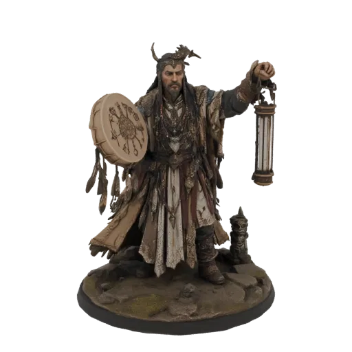 3D model of a shamanic warrior with a drum and lantern, standing on a rocky base.