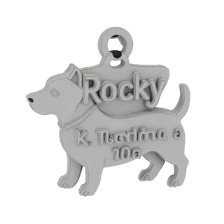 Modèle 3D de médaillon pour chien en forme de chien avec le nom "Rocky" et l'adresse "K. Tsetkina 10a"