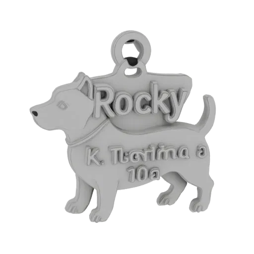 3D model of a dog-shaped dog tag with the name "Rocky" and address information "K. Tsetkina 10a"