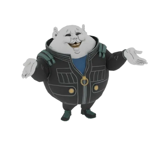 A 3D render of a chubby, white cat character wearing a black jacket and blue shirt, with a friendly smile and arms outstretch