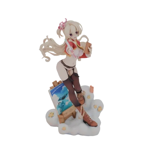 3D model of an anime girl artist with blonde hair, wearing a red jacket and a playful outfit, standing on a cloud base with a