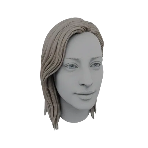A 3D render of a realistic female head with light brown hair, facing slightly to the right, with blue eyes and neutral expres