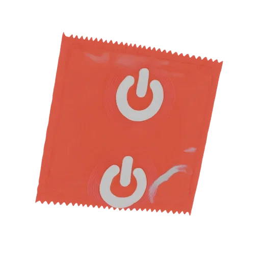 3D model of a red condom wrapper with two white power button symbols, set against a black background.