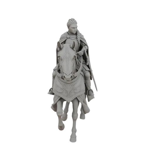 3D model of a female knight in full armor, mounted on a horse with decorative barding, presented on a white background.