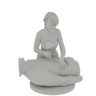 3D model of a female masseuse giving a massage to a patient, rendered in a neutral gray material.