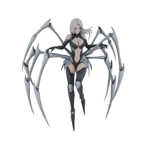3D model of a sci-fi woman with silver hair and multiple mechanical spider-like limbs, wearing a dark futuristic suit.