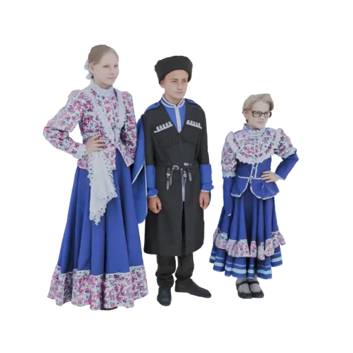 3D model of three children, two girls and one boy, wearing colorful traditional Caucasian costumes.