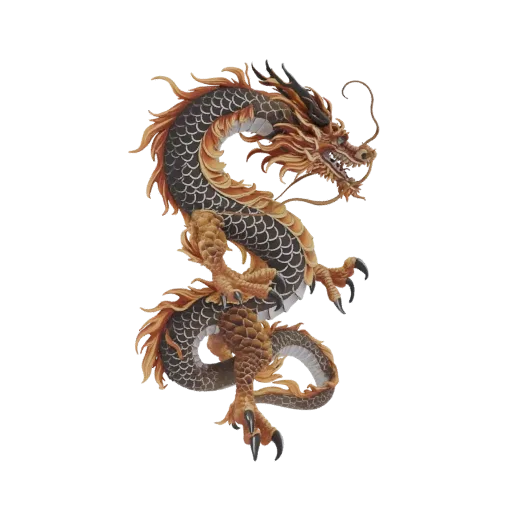 A 3D model of a traditional Chinese dragon, depicted in a coiled, dynamic pose with intricate scales and flowing mane, agains