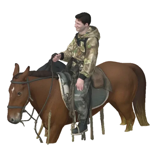 3D model of a man wearing camouflage clothing riding a brown horse with a saddle and bridle.