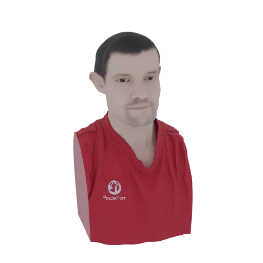 Rendu d'un modèle 3D du buste d'un homme portant un T-shirt rouge avec un logo circulaire, présenté sur fond blanc.