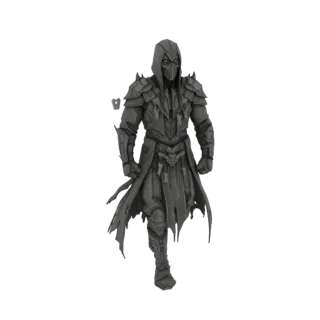 3D model of a dark, hooded warrior with detailed armor and tattered cloak, standing in a neutral pose.