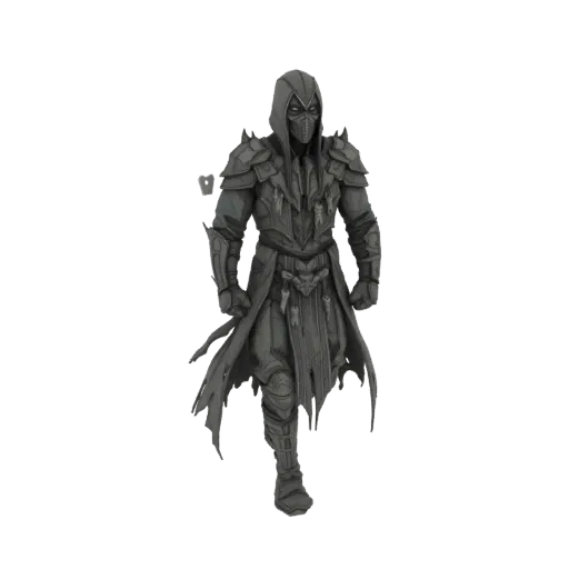 Modèle 3D d'un guerrier sombre à capuche avec une armure détaillée et une cape usée, en pose neutre.
