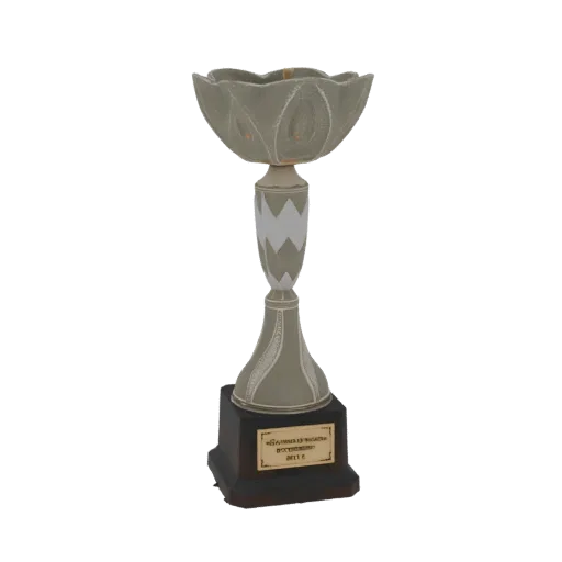 3D model of a classic trophy with a floral-shaped cup and an engraved base, rendered in a neutral tone.
