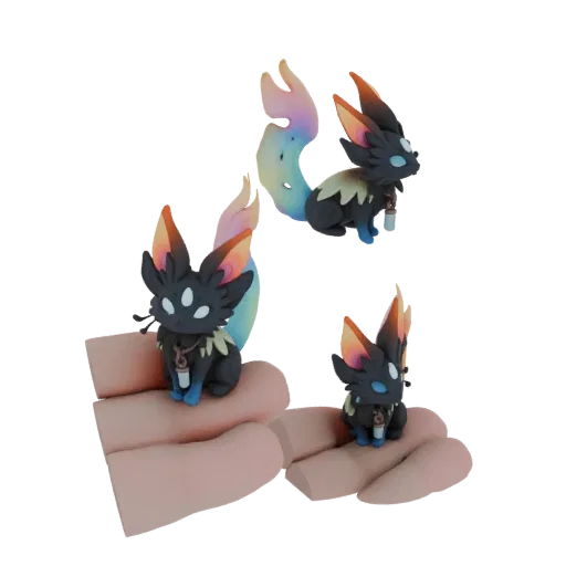 A 3D model of a mystical fox creature with dark fur, rainbow tail, and fiery ears, shown in a hand.