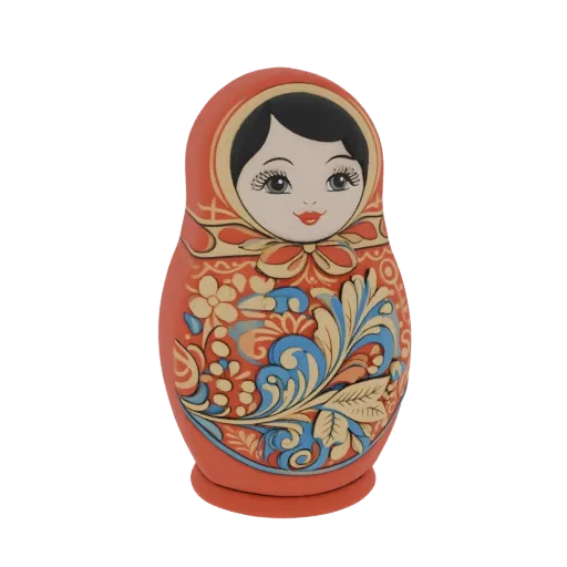3D-Modell einer traditionellen russischen Matroschka-Puppe mit bemaltem Gesicht und aufwendigen Blumenmustern in Rot, Blau un