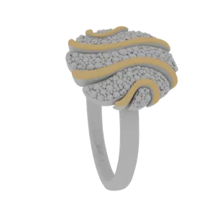 Modelo 3D de um anel com uma superfície texturizada e ondulada e fluidos entalhes dourados, apresentado sobre um fundo branco