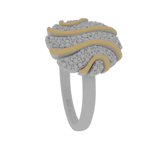 Modello 3D di un anello con una superficie texturizzata e ondulata e fluidi intarsi dorati, presentato su sfondo bianco.