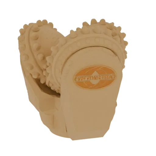 3D model of a tricone roller bit with three textured conical rollers and an oval embossed logo on the central body.