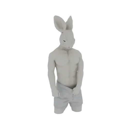 3D-Modell eines muskulösen anthropomorphen Hasencharakters mit großen Ohren, der eine hellfarbige Shorts trägt.