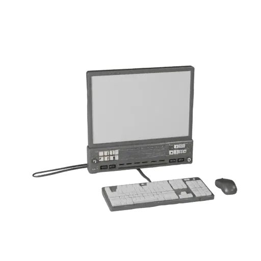 Startup Keyboard 3D model, three-quarter front view, Unity viewport, showing plastic, desk-scale silhouettes.