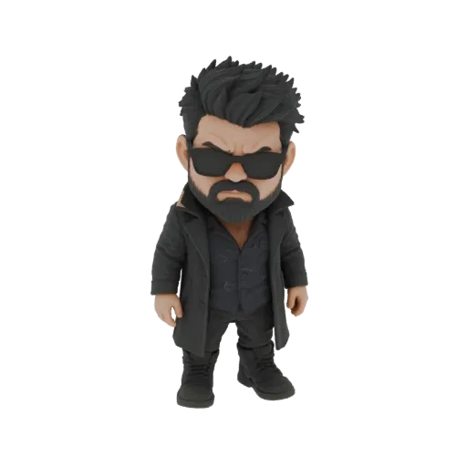 Una renderización 3D de un personaje estilo chibi de Billy Butcher, con gafas de sol y gabardina, con expresión severa.