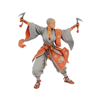 3D model of a female warrior monk with a shaved head, wearing grey and coral robes, holding two sickles in a combat pose.