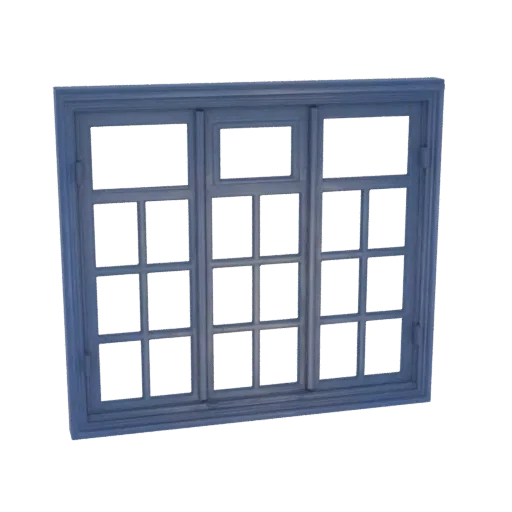 A 3D model of a classic window with a blue frame and a grid of nine panes.