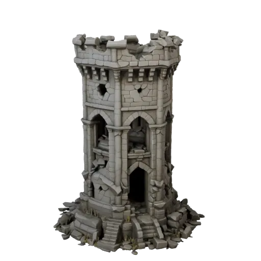 Ruined Tower Base Realistic 3D model, three-quarter environment render, showing aged stone, built remnants.