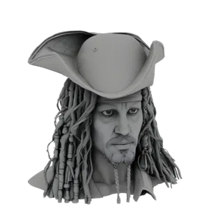 3D model bust of Captain Jack Sparrow wearing his tricorn hat and dreadlocks, rendered in a neutral gray material.