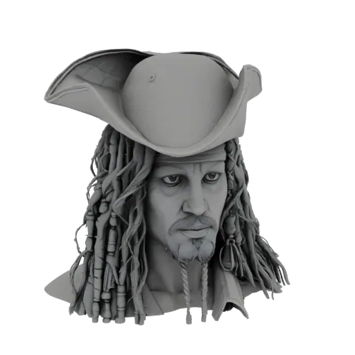 Busto modelo 3D do Capitão Jack Sparrow usando seu chapéu tricórnio e dreadlocks, renderizado em um material cinza neutro.
