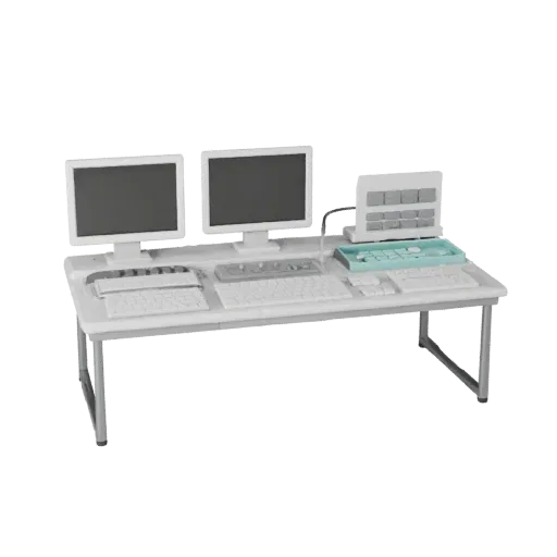 Startup Keyboard 3D model, three-quarter front view, Unreal Engine viewport, showing plastic, desk-scale silhouettes.