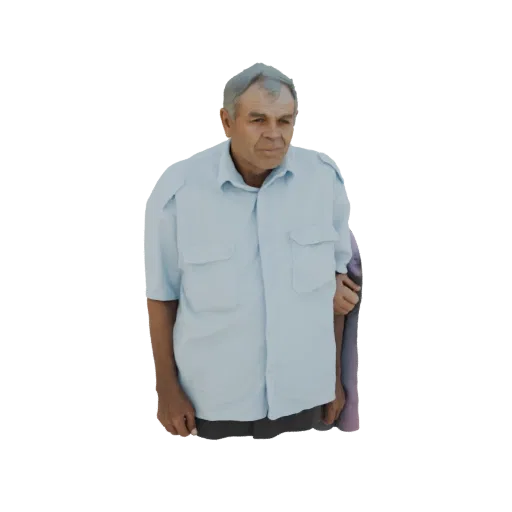 Modello 3D di un uomo anziano con capelli grigi, che indossa una camicia azzurra a maniche corte e guarda leggermente di lato