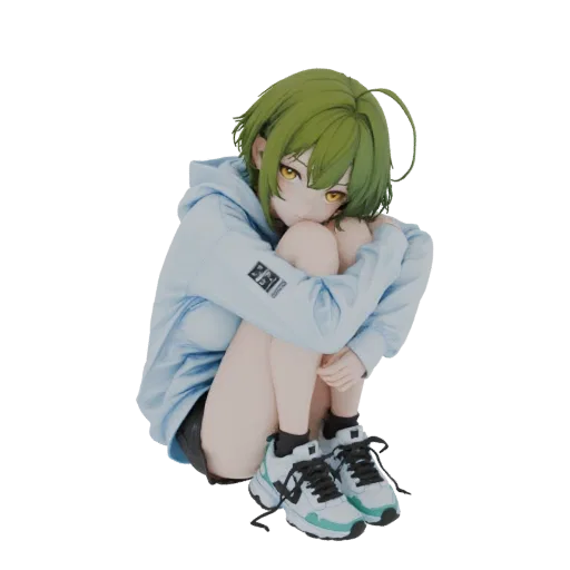 3D render of a stylized anime girl with green hair, wearing a blue hoodie and sneakers, crouching with knees pulled to her ch
