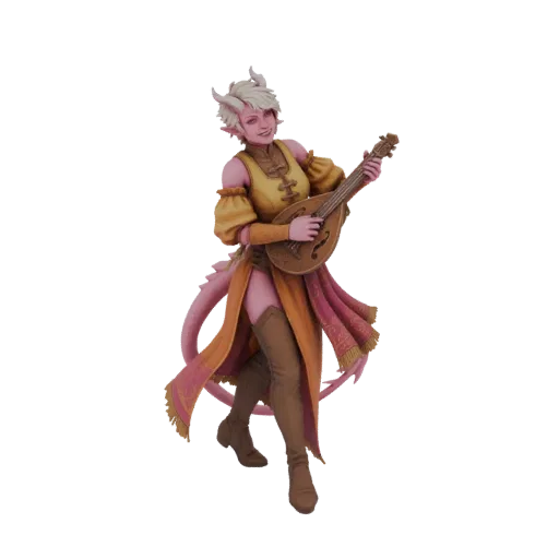 3D model of a pink-skinned Tiefling bard with white hair and horns, wearing a yellow and pink outfit, playing a mandolin.