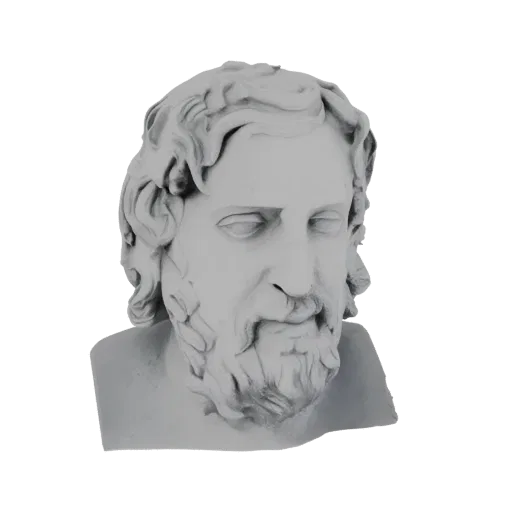 3D model of an ancient Greek philosopher's bust with a marble texture, featuring detailed hair and beard.