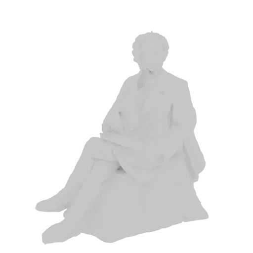 3D model render of a grey, matte sculpture of a man sitting down and reading a book.