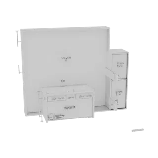 3D model of a modern white modular display unit with shelves and a counter, shown against a white background.