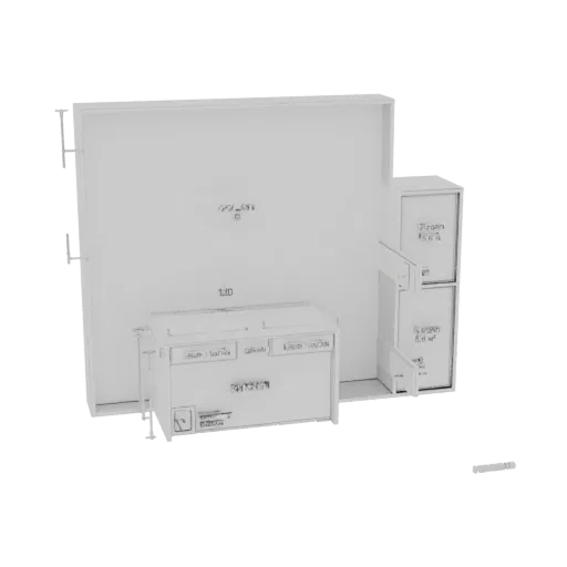 3D model of a modern white modular display unit with shelves and a counter, shown against a white background.