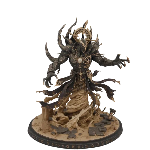 3D-Modell eines Dunklen Eldritch-Wächters mit kunstvoller Rüstung, fließenden Roben und einem Sockel mit wirbelnder Energie,
