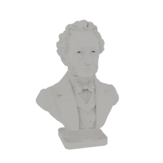 3D-Rendering einer klassischen Büste eines Herrn mit lockigem Haar und Fliege, präsentiert auf weißem Hintergrund.