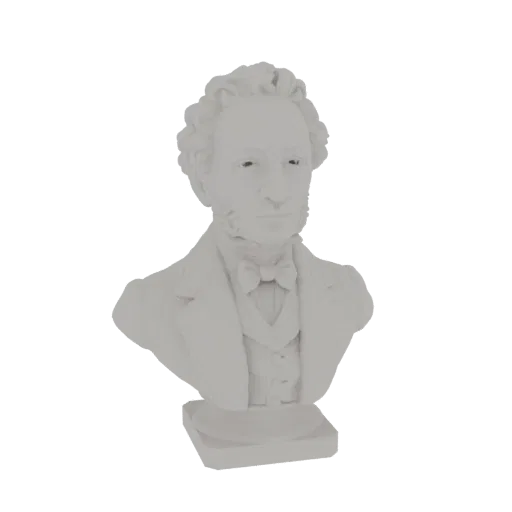 3D-Rendering einer klassischen Büste eines Herrn mit lockigem Haar und Fliege, präsentiert auf weißem Hintergrund.