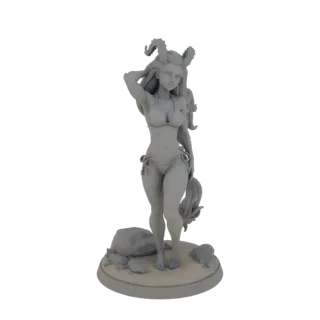 3D model of a fauness wearing a bikini, with horns and a tail, standing on a rocky base.