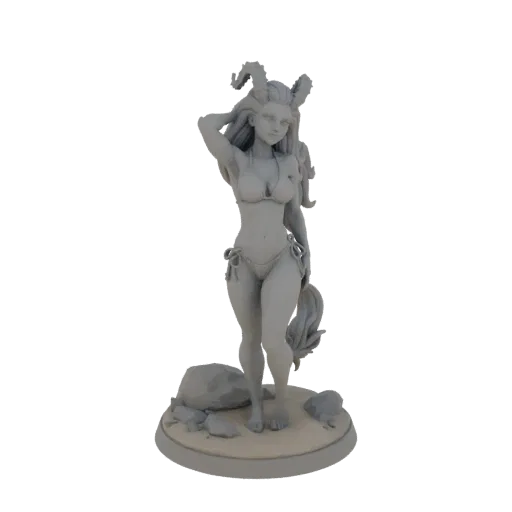 3D model of a fauness wearing a bikini, with horns and a tail, standing on a rocky base.