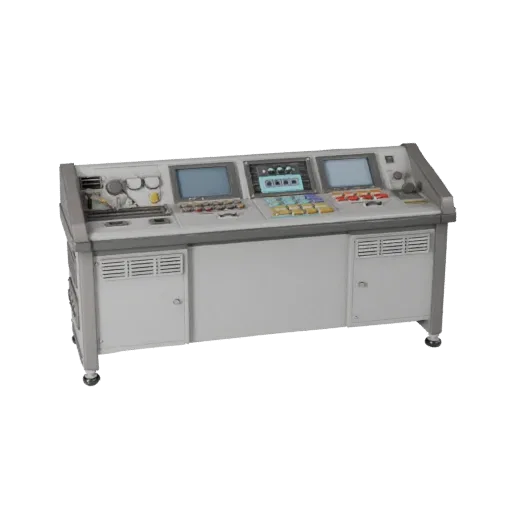 Modèle 3D Console de Laboratoire Prototype, vue trois-quarts avant, viewport Unity, montrant métal propre, appareils de labor
