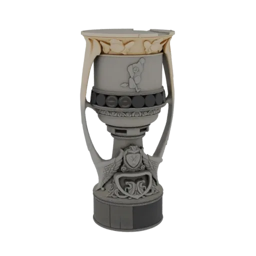 3D model of an ornate hockey championship trophy with engraved player, decorative handles, and a golden leaf-patterned rim.
