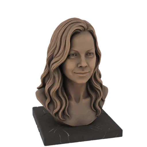 3D model of a bronze bust of a woman with wavy hair, smiling and looking to the side, on a dark marble base.